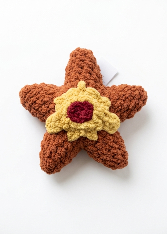 Staryu chenille plush toy. Orange star with yellow gold detailing in the center with a faux strap and a centralized faux red gem in the middle for decoration.