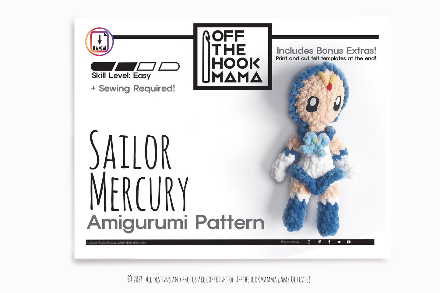 Crochet Sailor Mercury PATTERN - Chibi Ami Mizuno Amigurumi, crochet plush pattern, Kawaii Amy Pattern. PDF includes felt eye templates.