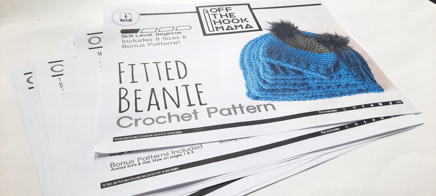Fitted Beanie Crochet Pattern with bonus ears included! Mens / Womens Beanie Pattern, Basic Unisex Beanie Pattern, 8 Sizes Preemie to Adult.