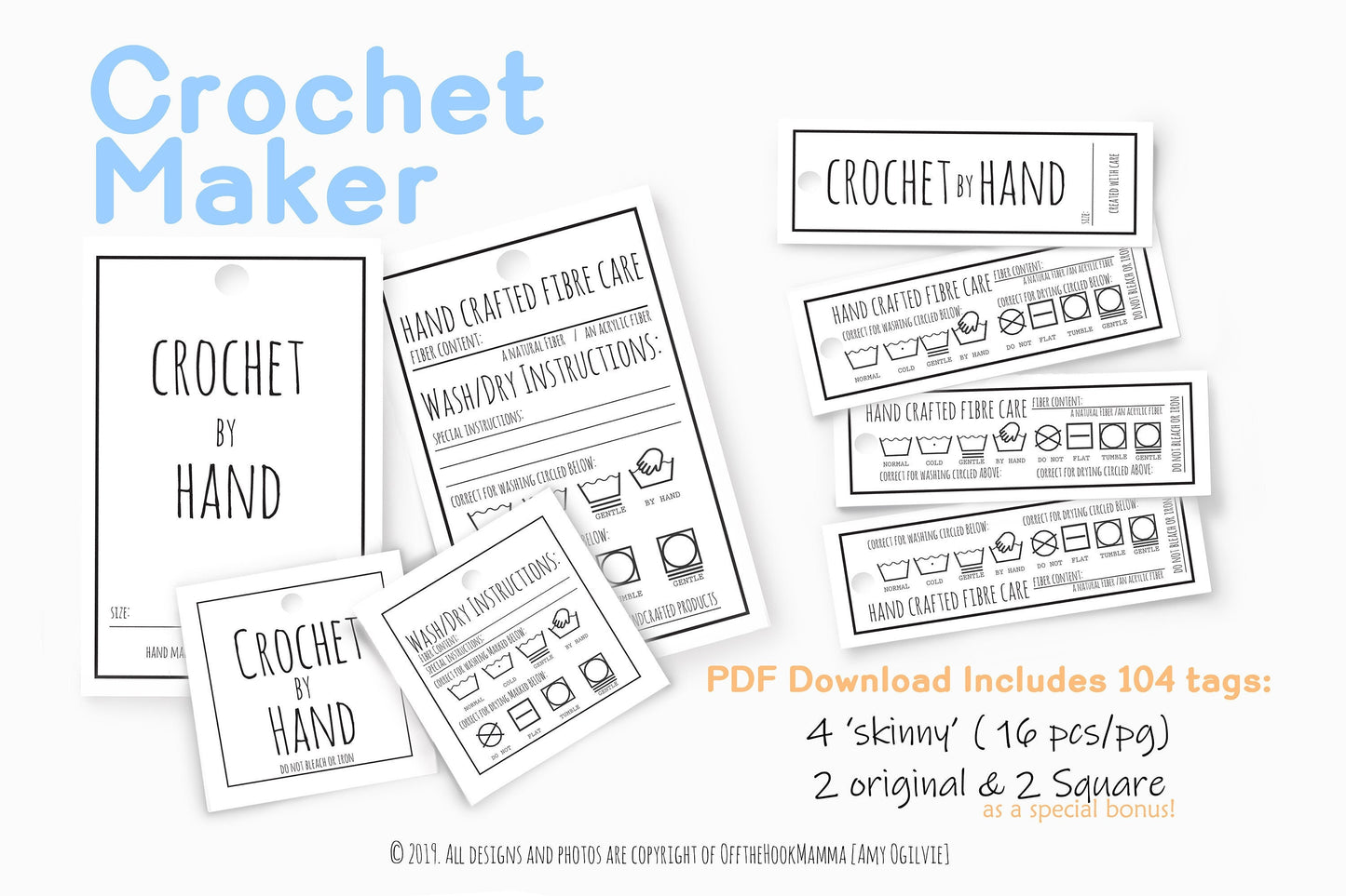 Printable Crochet Etsy Maker tag Bundle / Crochet by hand tag/ Skinny tags/ Washing labels / care instruction/ Craft supplies/ garment tag
