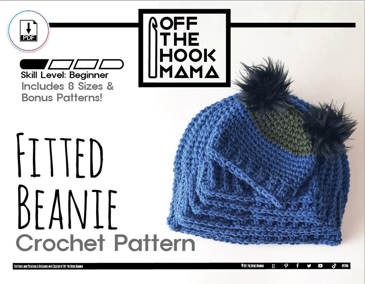Fitted Beanie Crochet Pattern with bonus ears included! Mens / Womens Beanie Pattern, Basic Unisex Beanie Pattern, 8 Sizes Preemie to Adult.