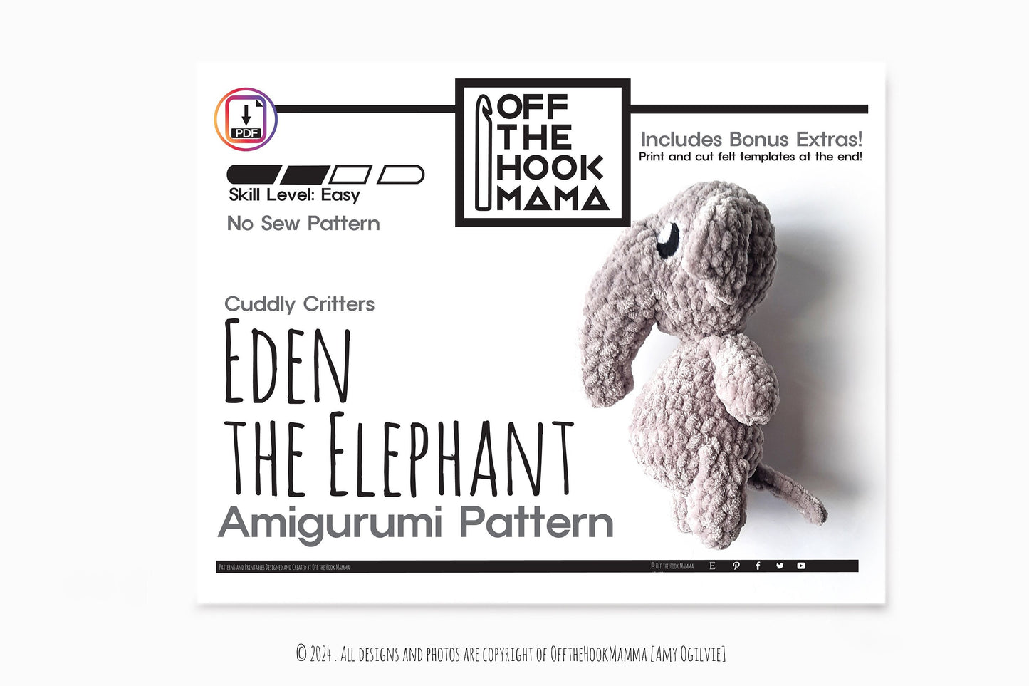Eden Elephant, Cuddly Chenille Critters Series Vol 5. Plush Posh Amigurumi Zoo animal Elephant Crochet Pattern