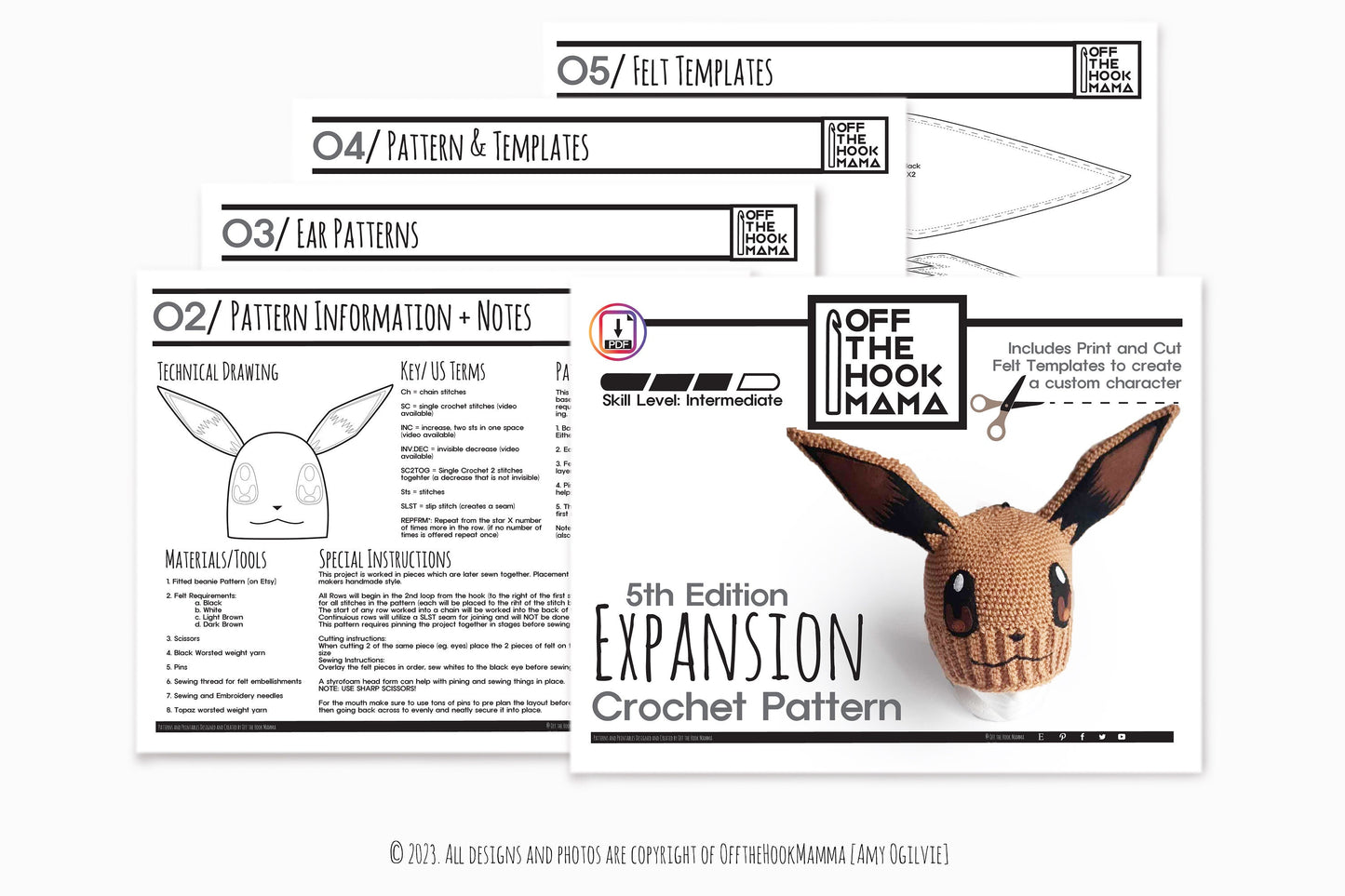 5th Edition Evee Character Hat Expansion Pack. DIY Crochet Pop art beanie Embellishments.