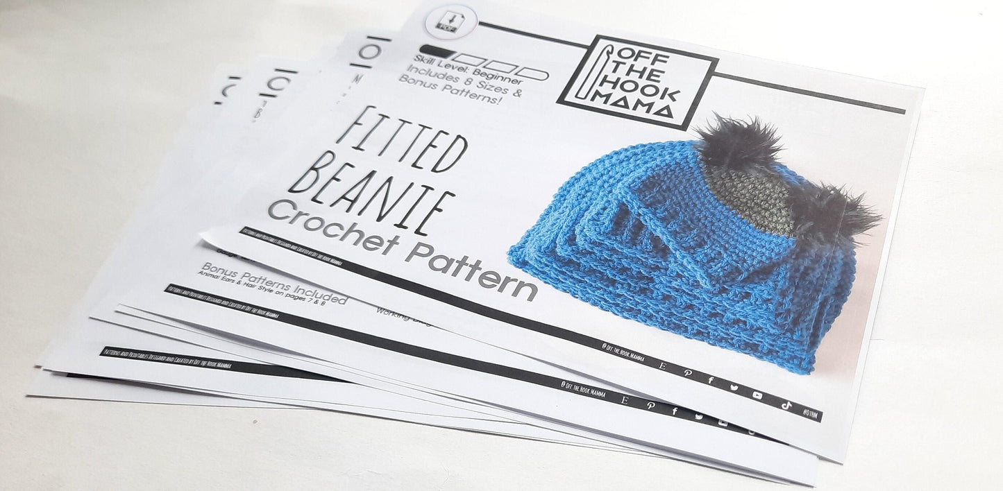 Fitted Beanie Crochet Pattern with bonus ears included! Mens / Womens Beanie Pattern, Basic Unisex Beanie Pattern, 8 Sizes Preemie to Adult.