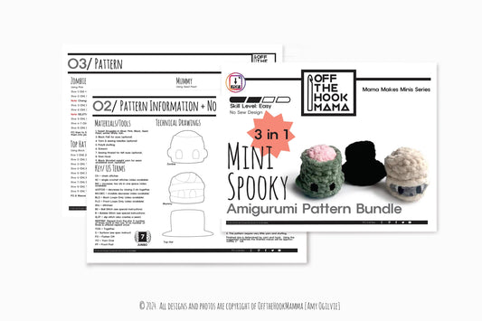 Mini spooky amigurumi PATTERN bundle - 3 in 1 Amigurumi crochet Halloween plushies Zombie, Top Hat & Mummy. Includes felt templates.