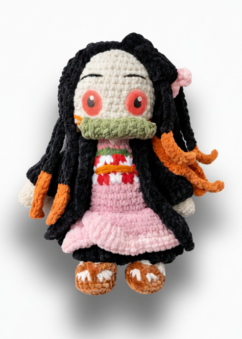 Crocheted doll with black hair, pink dress, and orange accents on a white background