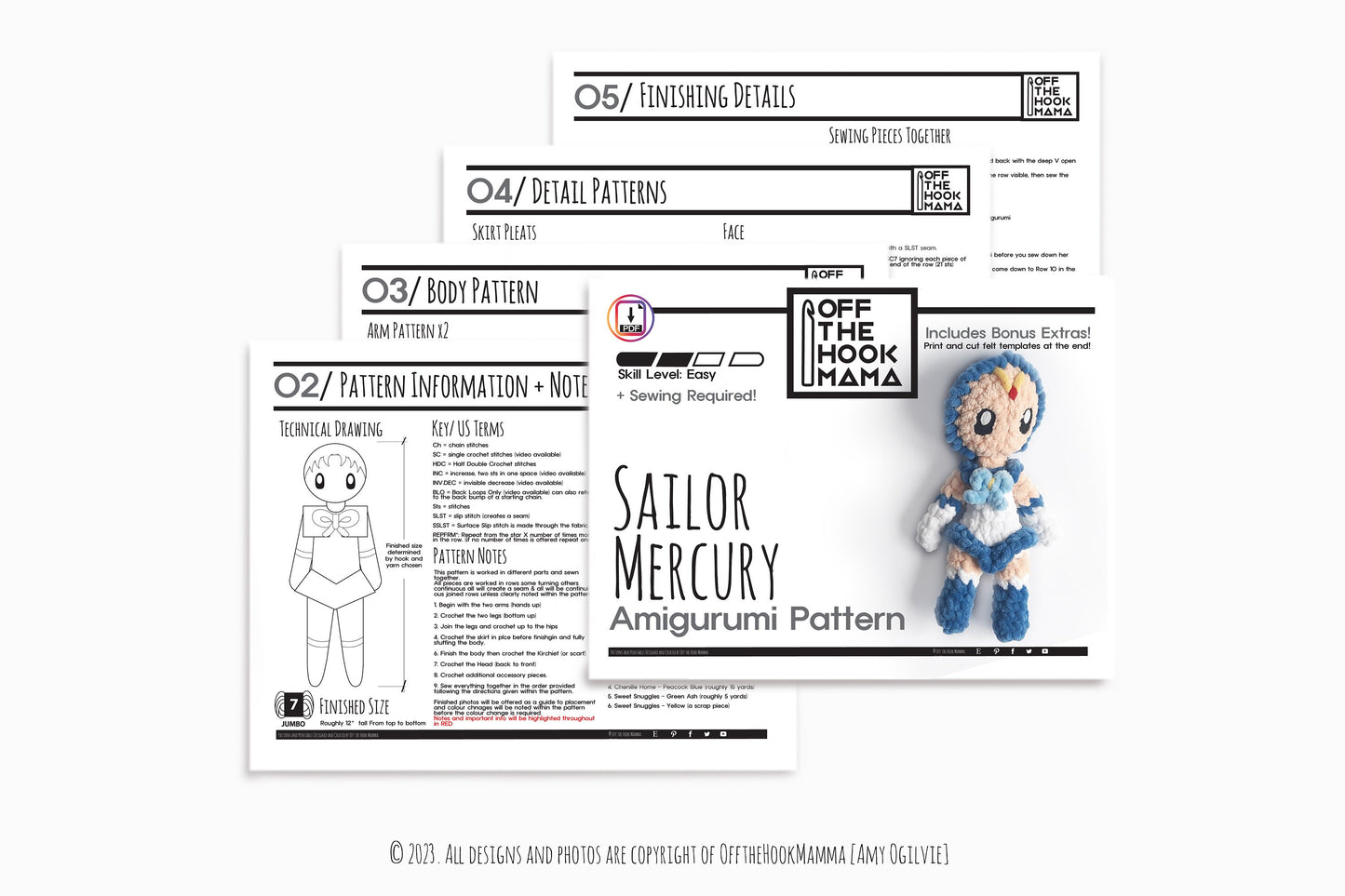 Crochet Sailor Mercury PATTERN - Chibi Ami Mizuno Amigurumi, crochet plush pattern, Kawaii Amy Pattern. PDF includes felt eye templates.