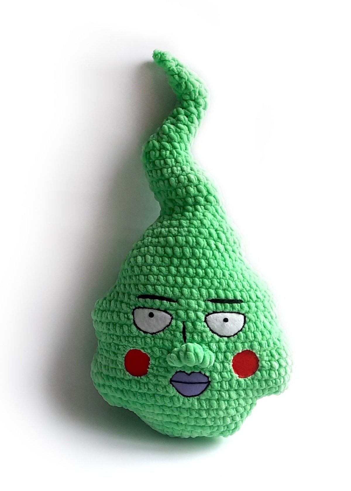 A handmade chenille throw pillow with a design resembling the character Dimple from the anime Mob Psycho 100.