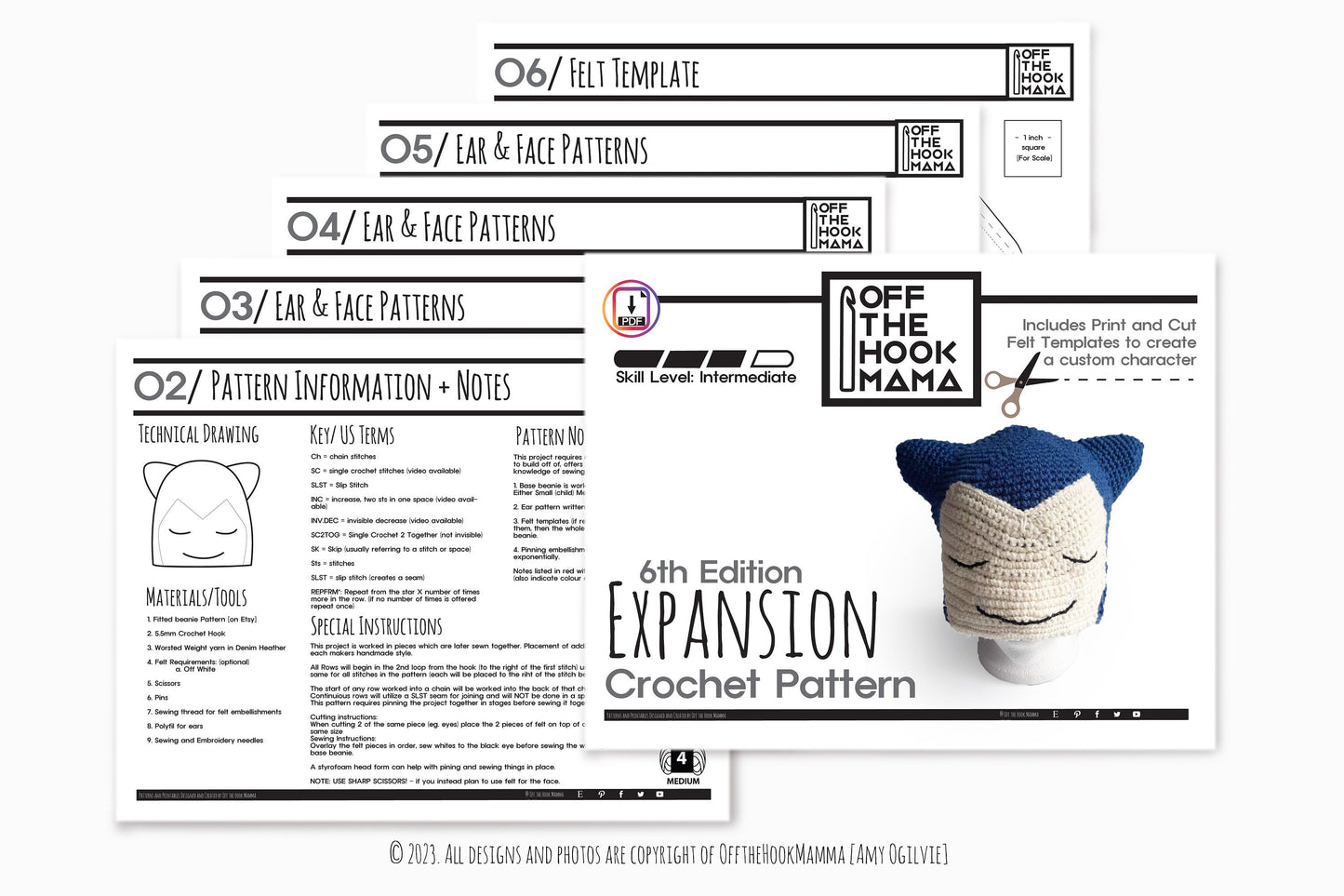 6th Edition Snorlax Character Hat Expansion Pack. DIY Crochet Pop art beanie Embellishments.