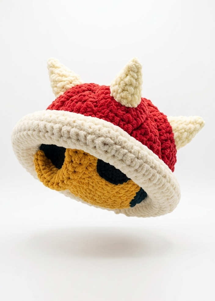crochet koopa shell throw pillow inspired by the super mario brothers franchise. shell is red in colour with off white spikes on top a white rim around the edge and a yellow belly with spaces for arms legs head and tail to come out of make in black felt. Neckline detail defines egde.