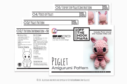 Piglet Chibi Amigurumi Crochet PATTERN - No and low Sew Amigurumi, crochet chibi plush Instant Download