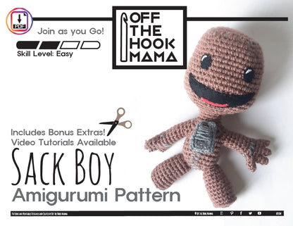 Sack Boy Amigurumi Crochet Pattern. How to Crochet Sock Boy video tutorials and stuffed toy Pattern. DIY Sock puppet crochet poppet pattern.