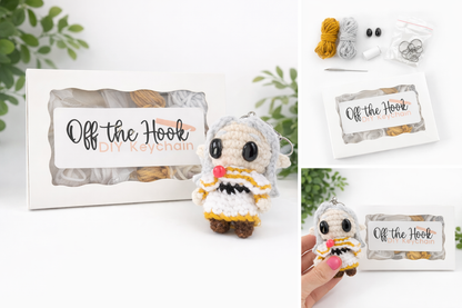 A bright white triple image of a crochet kit next to the finished product in box with two smaller images of the yarn and pieces laid out and a hand holding the Keychain