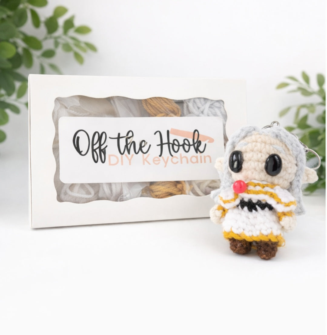 Finished Friren chibi crochet keychain made with all-in-one beginner-friendly crochet kit