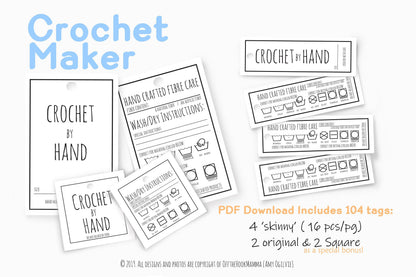 Printable Crochet Etsy Maker tag Bundle / Crochet by hand tag/ Skinny tags/ Washing labels / care instruction/  Craft supplies/ garment tag