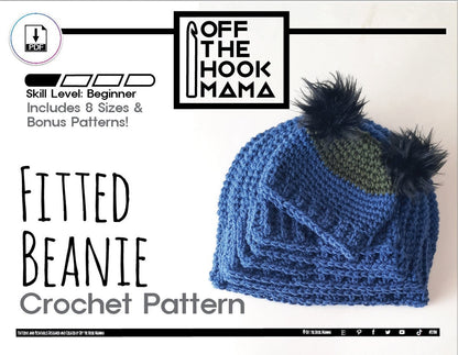Fitted Beanie Crochet Pattern with bonus ears included! Mens / Womens Beanie Pattern, Basic Unisex Beanie Pattern, 8 Sizes Preemie to Adult.