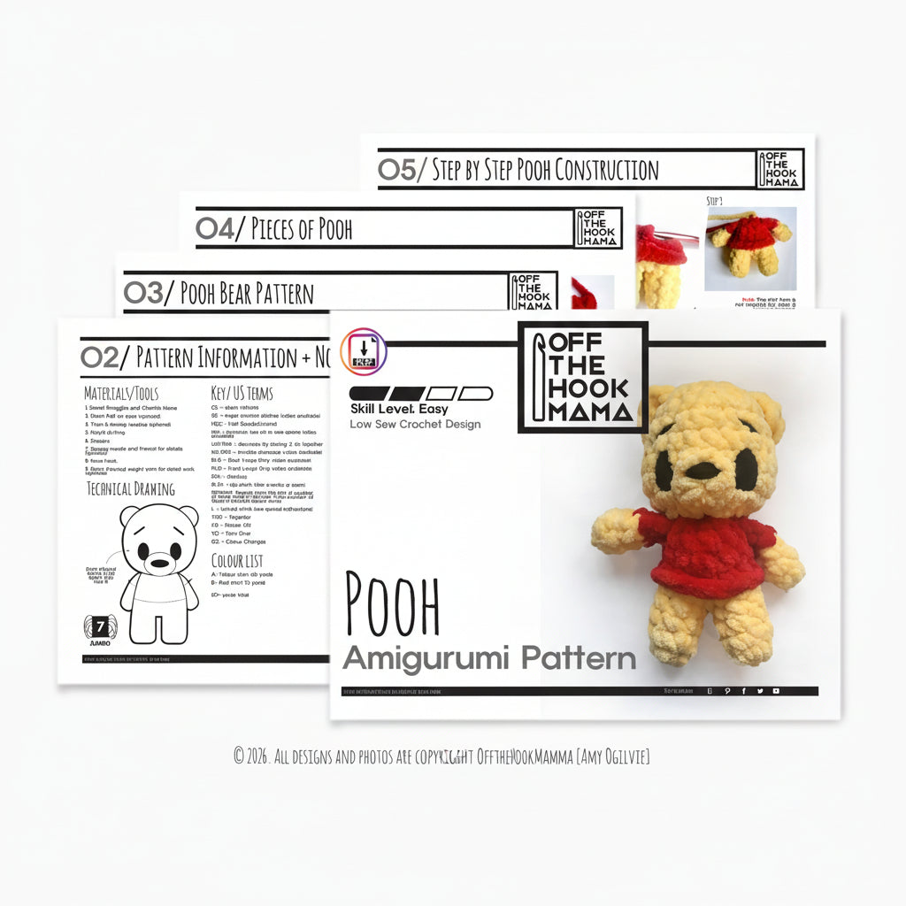 Amigurumi Pooh bear pattern with step-by-step instructions and finished product on a white background.