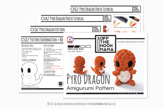 Pyro Dragon Amigurumi Crochet PATTERN - Low Sew Amigurumi, crochet pop culture plush Instant Download