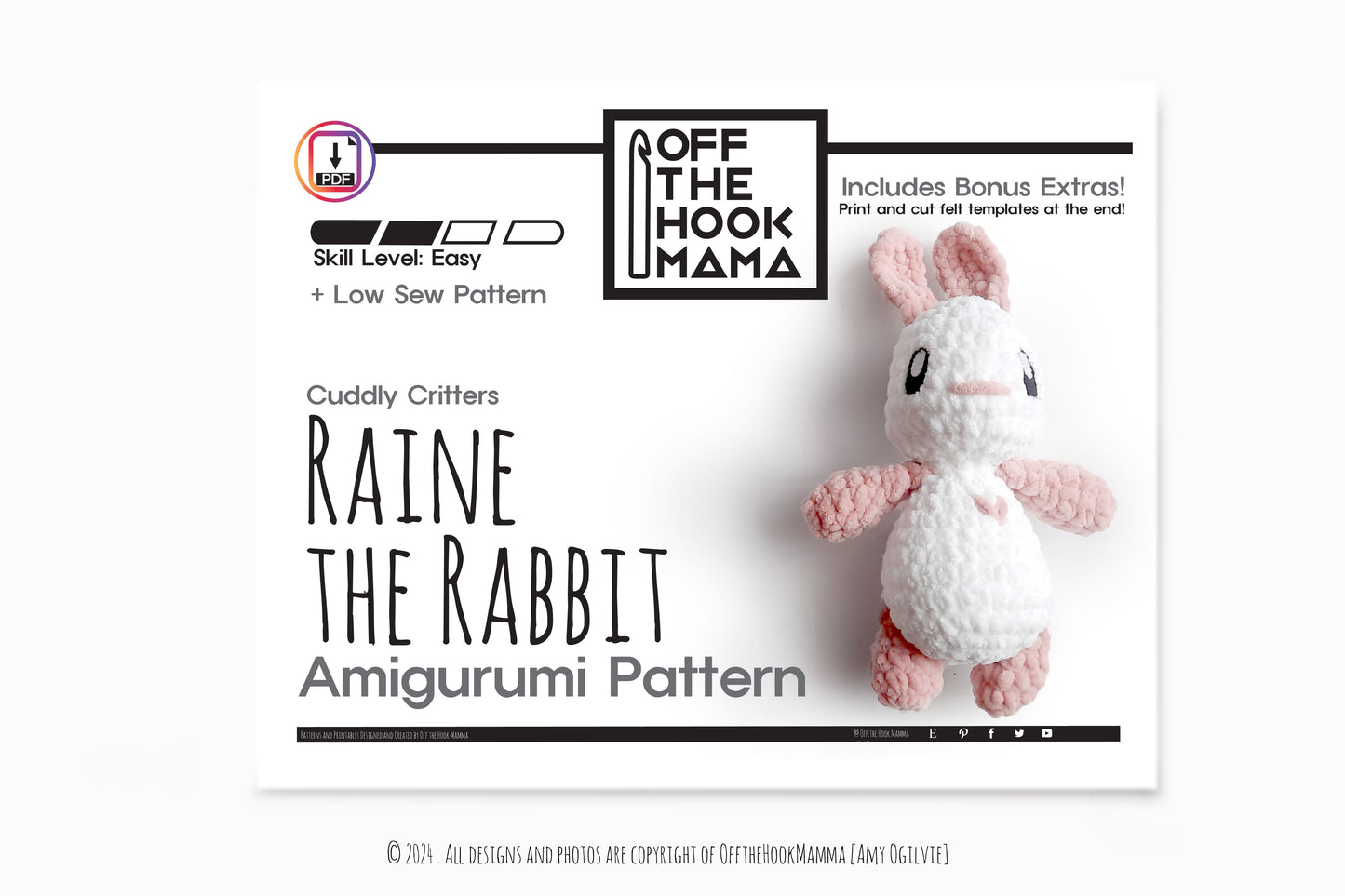 Raine Rabbit Plush Amigurumi, Cuddly Chenille Characters. Posh yarn Crochet Pattern