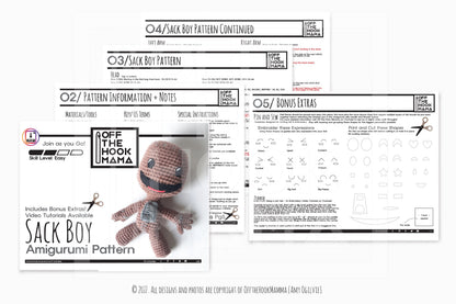Sack Boy Amigurumi Crochet Pattern. How to Crochet Sock Boy video tutorials and stuffed toy Pattern. DIY Sock puppet crochet poppet pattern.