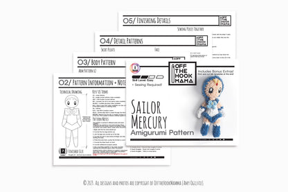 Crochet Sailor Mercury PATTERN - Chibi Ami Mizuno Amigurumi, crochet plush pattern, Kawaii Amy Pattern. PDF includes felt eye templates.
