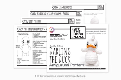Darling the Duck Plush Amigurumi, Cuddly Chenille Characters. Posh yarn Crochet Pattern