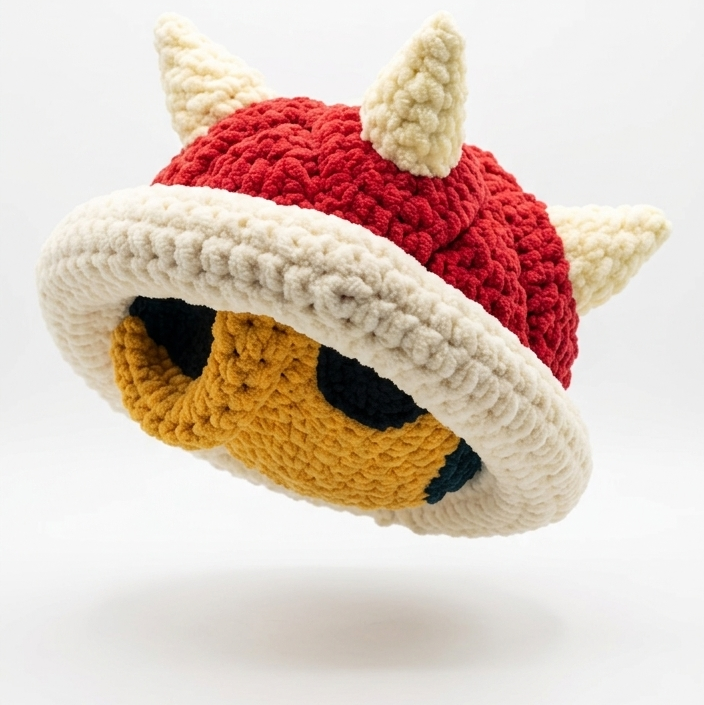 crochet koopa shell throw pillow inspired by the super mario brothers franchise. shell is red in colour with off white spikes on top a white rim around the edge and a yellow belly with spaces for arms legs head and tail to come out of make in black felt. Neckline detail defines egde.
