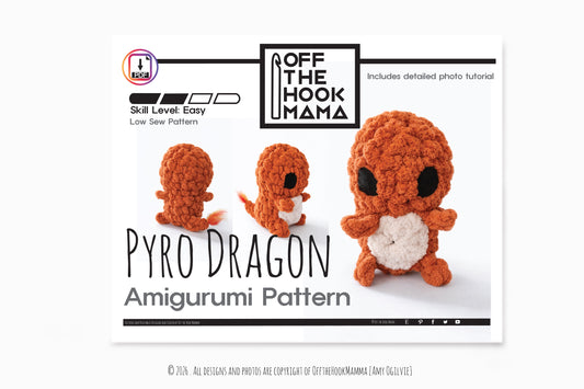 Pyro Dragon Amigurumi Crochet PATTERN - Low Sew Amigurumi, crochet pop culture plush Instant Download