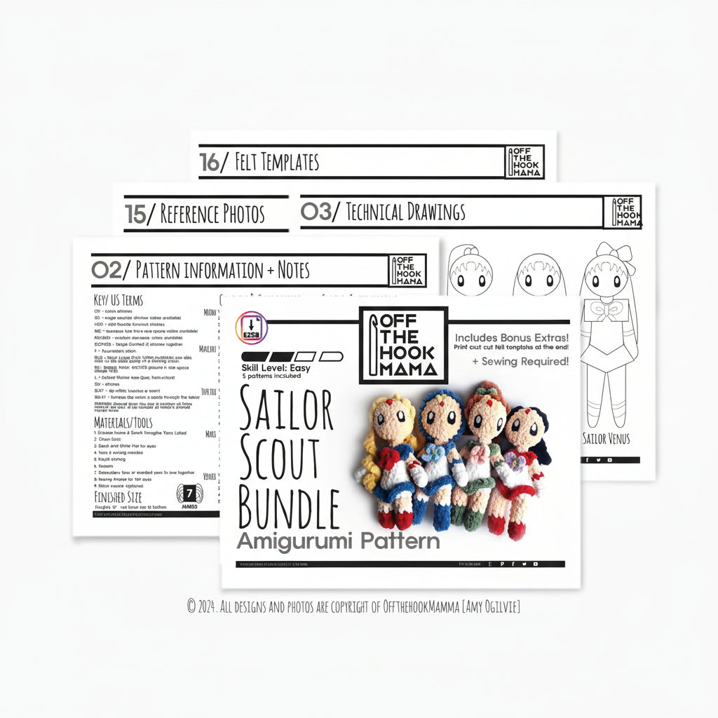 Sailor Scout Bundle amigurumi pattern with templates and instructions on a white background