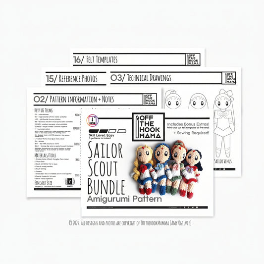 Sailor Scout Bundle amigurumi pattern with templates and instructions on a white background